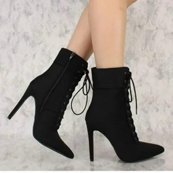 Elegant Black Satin Lace-Up Heeled Boots - Picture 8 of 9
